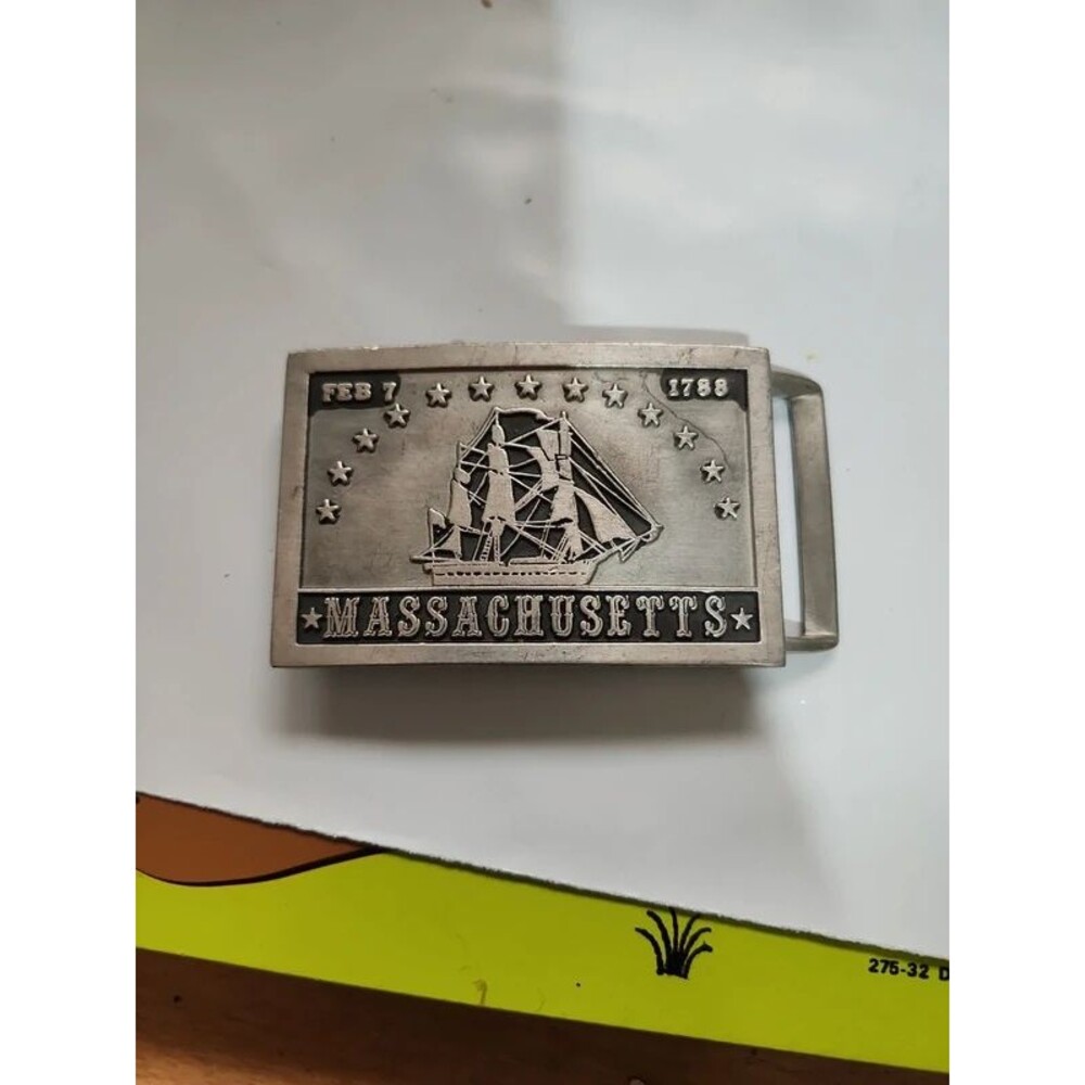 John McCann pewter belt buckle  Massachusetts sailing ship